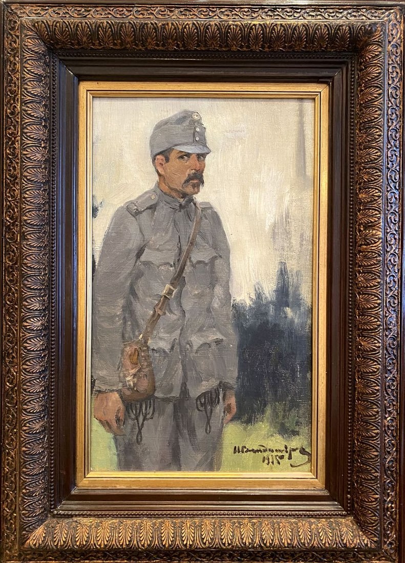 Oil painting Hungarian soldier Ivan Alekseevich Vladimirov: No.Verns 1282 *** ABOUT THIS PAINTING *** * TITLE: "Hungarian soldier" * ARTISTS: Ivan Alekseevich Vladimirov * SIZE: 38.3x23.2 cm/'15.07x9.13 inches' * MEDIUM: oil, canvas on cardboard * HAND PAINTED