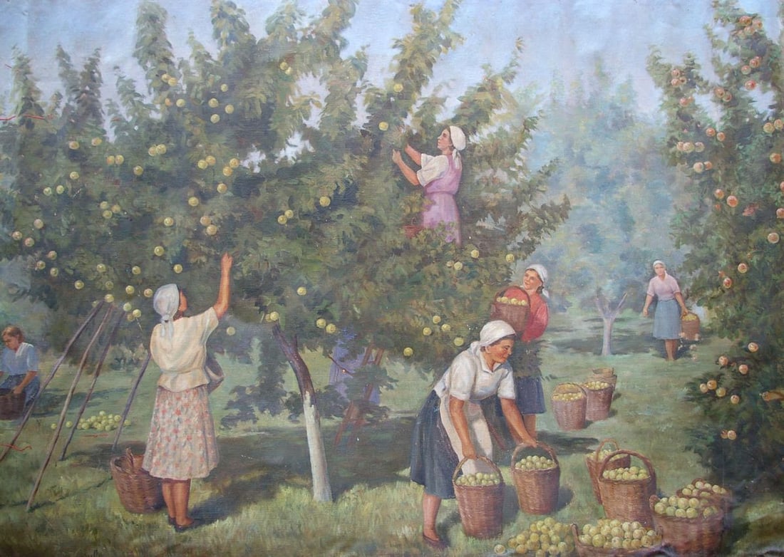 Oil painting Picking apples Unknown artist: No.Pol 83 *** ABOUT THIS PAINTING *** * TITLE: "Picking apples" * ARTISTS: Unknown artist * SIZE: 150x217 cm/'59.05x85.43 inches' * MEDIUM: oil, canvas * HAND PAINTED: Original painting from our colle