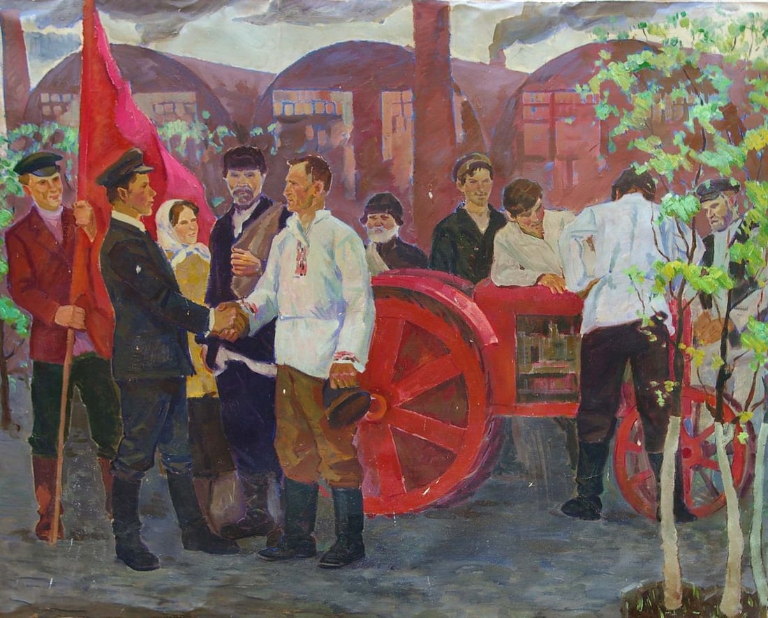Oil painting The first tractor Pokulity Konstantin Ivanovich: No.Pol 89 *** ABOUT THIS PAINTING *** * TITLE: "The first tractor" * ARTISTS: Pokulity Konstantin Ivanovich * SIZE: 119x146 cm/'46.85x57.48 inches' * MEDIUM: oil, canvas * HAND PAINTED: Original paint