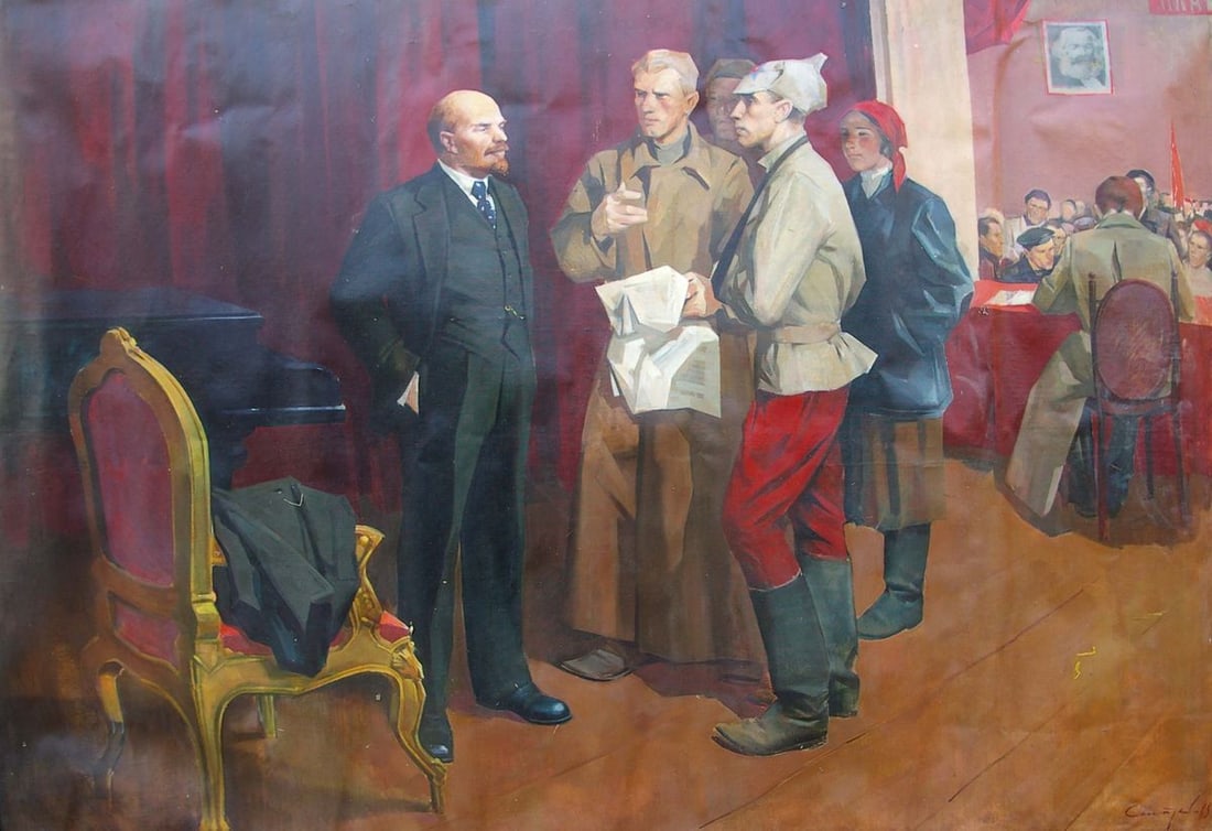 Oil painting Lenin with the Komsomol Unknown artist: No.Pol 92 *** ABOUT THIS PAINTING *** * TITLE: "Lenin with the Komsomol" * ARTISTS: Unknown artist * SIZE: 140x197 cm/'55.11x77.55 inches' * MEDIUM: oil, canvas * HAND PAINTED: Original painting from 