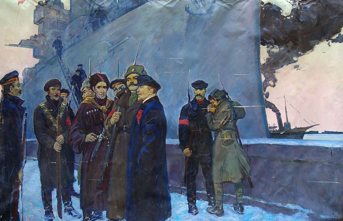 Oil painting Lenin with the sailors Pavlyuk Georgy Nikolaevich: No.Pol 101 *** ABOUT THIS PAINTING *** * TITLE: "Lenin with the sailors" * ARTISTS: Pavlyuk Georgy Nikolaevich * SIZE: 130x200 cm/'51.18x78.74 inches' * MEDIUM: oil, canvas * HAND PAINTED: Original pa