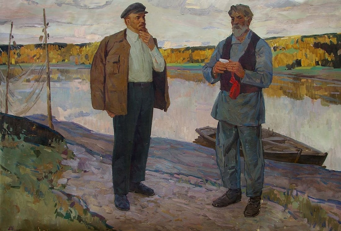 Oil painting Lenin with a fisherman Samoylenko Zoya Alexandrovna: No.Pol 103 *** ABOUT THIS PAINTING *** * TITLE: "Lenin with a fisherman" * ARTISTS: Samoylenko Zoya Alexandrovna * SIZE: 100x150 cm/'39.37x59.05 inches' * MEDIUM: oil, canvas * HAND PAINTED: Original 