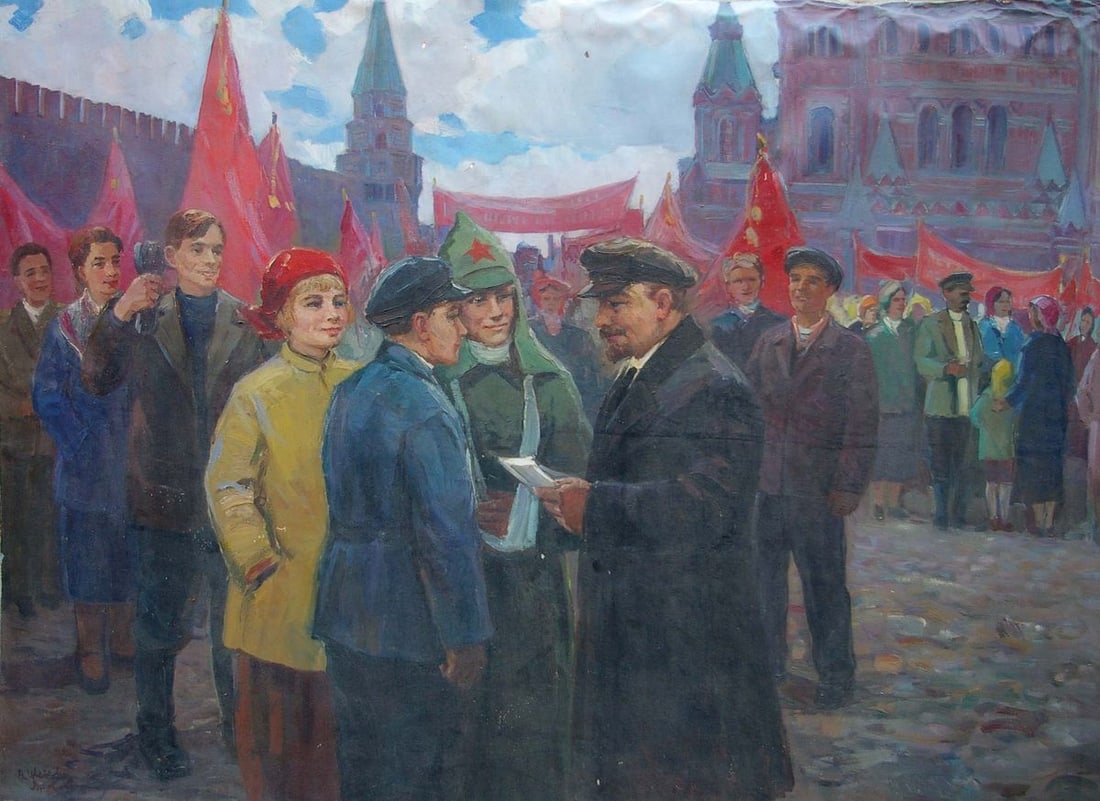 Oil painting Lenin with Komsomol members Tsvetkova V. P., Yarovoy S. K.: No.Pol 111 *** ABOUT THIS PAINTING *** * TITLE: "Lenin with Komsomol members" * ARTISTS: Tsvetkova V. P., Yarovoy S. K. * SIZE: 143x196 cm/'56.29x77.16 inches' * MEDIUM: oil, canvas * HAND PAINTED: