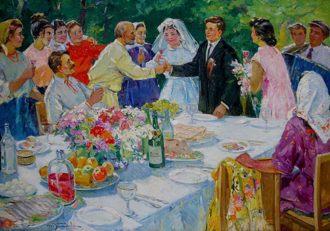 Oil painting Wedding Khitrova Tamara Alexandrovna: No.Pol 124 *** ABOUT THIS PAINTING *** * TITLE: "Wedding" * ARTISTS: Khitrova Tamara Alexandrovna * SIZE: 129x178 cm/'50.78x70.07 inches' * MEDIUM: oil, canvas * HAND PAINTED: Original painting from o