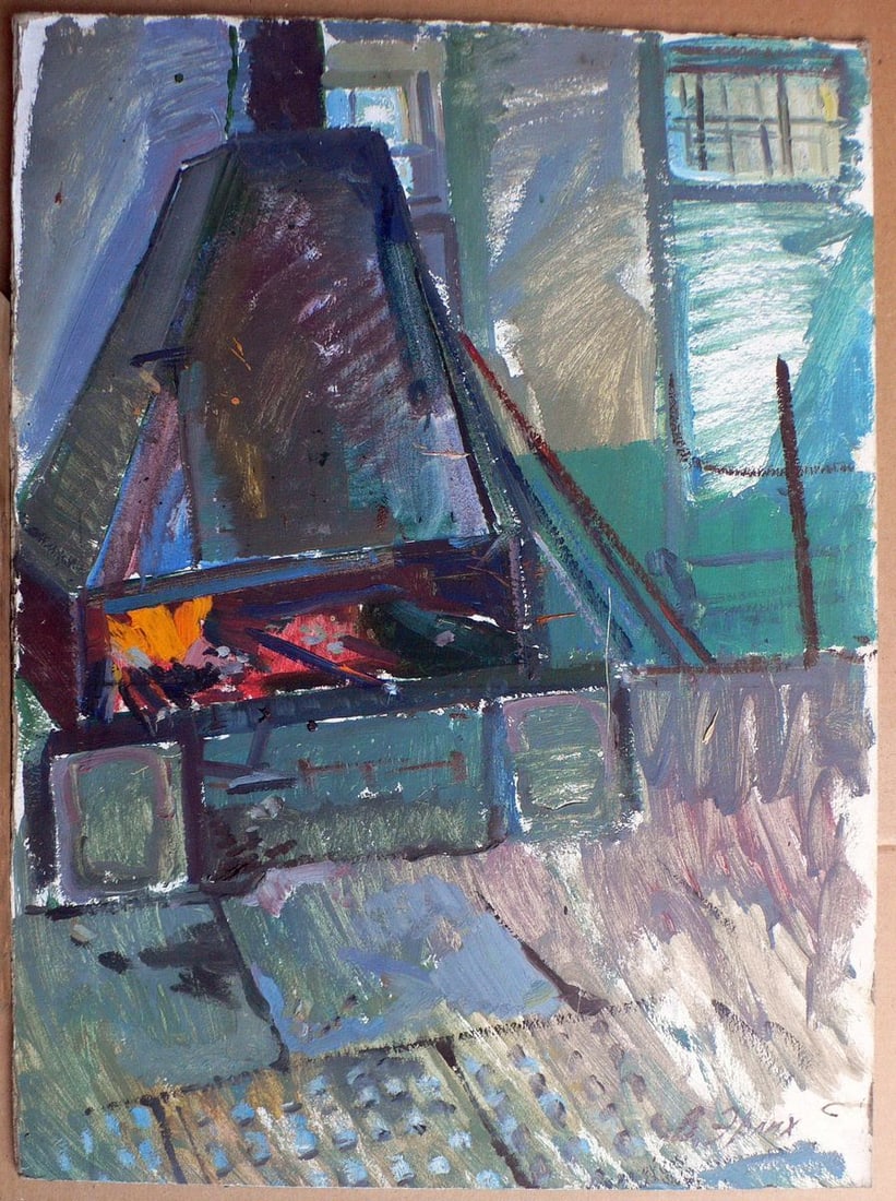 Oil painting In the forge Erlikh Vladimir Isaakovich: No.Kork 9 *** ABOUT THIS PAINTING *** * TITLE: "In the forge" * ARTISTS: Erlikh Vladimir Isaakovich * SIZE: 65x48 cm/'25.59x18.89 inches' * MEDIUM: oil, cardboard * HAND PAINTED: Original painting fro