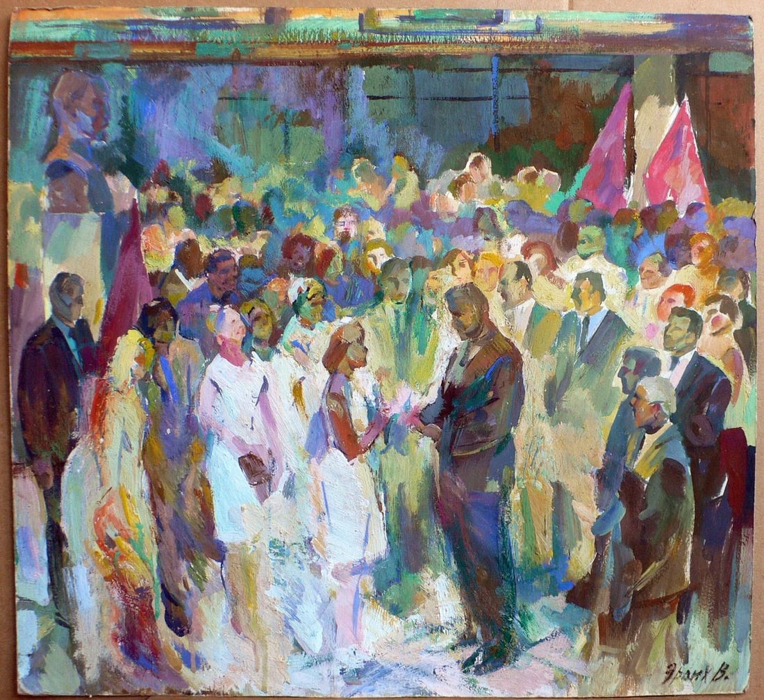 Oil painting Presentation of a passport Erlikh Vladimir Isaakovich: No.Kork 20 *** ABOUT THIS PAINTING *** * TITLE: "Presentation of a passport" * ARTISTS: Erlikh Vladimir Isaakovich * SIZE: 49.5x53 cm/'19.29x20.86 inches' * MEDIUM: oil, cardboard * HAND PAINTED: