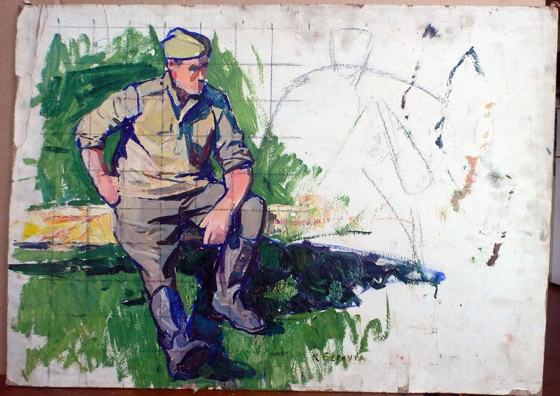 Oil painting Soldier on vacation Berkut Kommunar Savelyevich: No.Kork 34 *** ABOUT THIS PAINTING *** * TITLE: "Soldier on vacation" * ARTISTS: Berkut Kommunar Savelyevich * SIZE: 49x70 cm/'18.89x27.55 inches' * MEDIUM: oil, cardboard * HAND PAINTED: Original pai