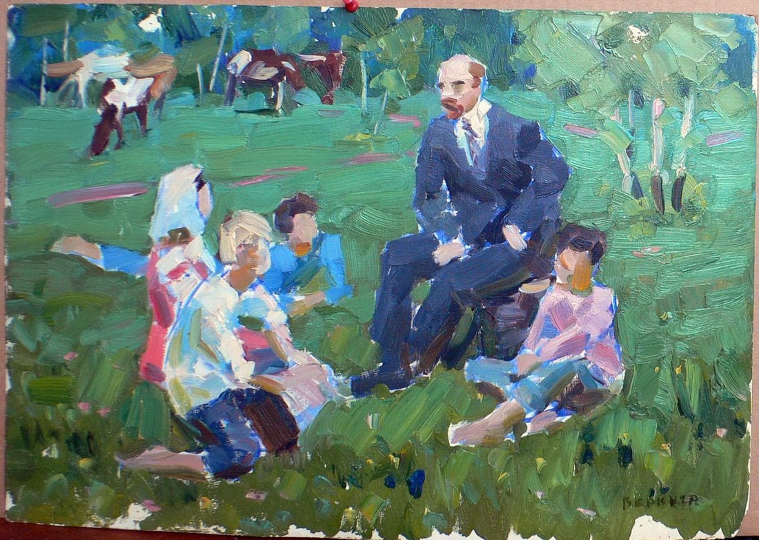Oil painting Lenin with children Berkut Kommunar Savelyevich: No.Kork 41 *** ABOUT THIS PAINTING *** * TITLE: "Lenin with children" * ARTISTS: Berkut Kommunar Savelyevich * SIZE: 35x50 cm/'13.77x19.68 inches' * MEDIUM: oil, cardboard * HAND PAINTED: Original pai