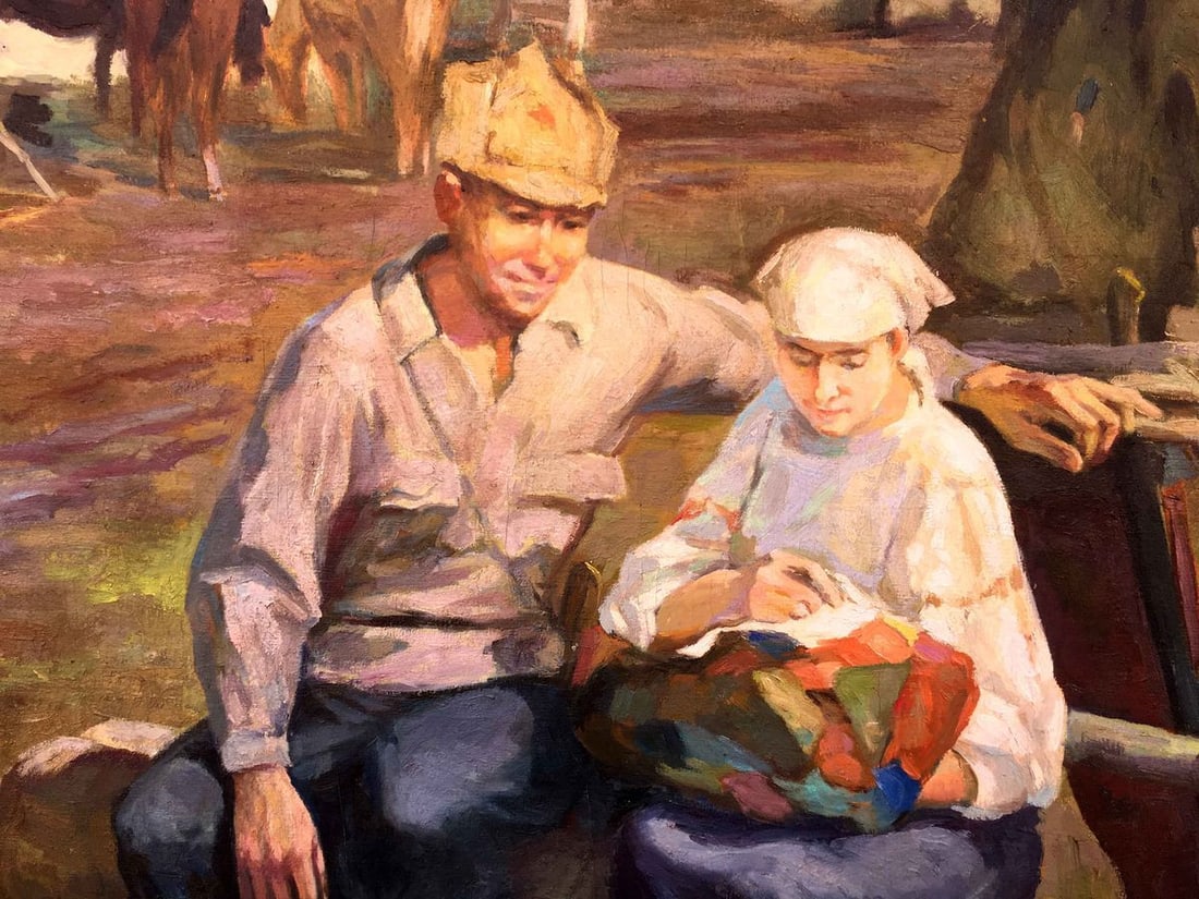 Social realism weekdays stanitsa oil painting: No.274 * TITLE: "Weekdays stanitsa" * SIZE: 110x130 cm/'43.31x51.18 inches' * MEDIUM: oil, canvas * HAND PAINTED: Original painting from our collection * CONDITION: we tried to convey the maximum info