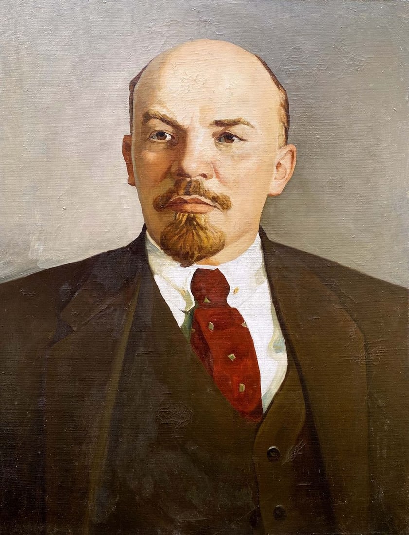 Oil painting Portrait of Lenin Unknown artist: No.895AAA *** ABOUT THIS PAINTING *** * TITLE: "Portrait of Lenin" * ARTISTS: Unknown artist * SIZE: 90x70 cm/'35.43x27.55 inches' * MEDIUM: oil, canvas * HAND PAINTED: Original painting from our coll