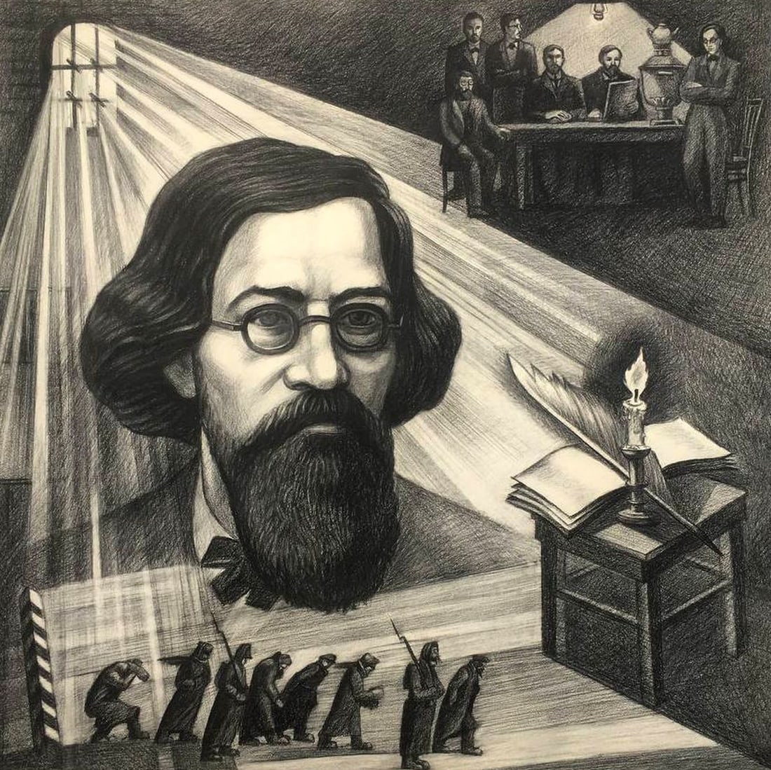Pencil painting In memory of Chernyshevsky Yarovoy Nikolay Nikolaevich Sergeeva L.G.: No.1105 *** ABOUT THIS PAINTING *** * TITLE: "In memory of Chernyshevsky" * ARTISTS 1: Yarovoy Nikolay Nikolaevich * ARTISTS 2: Sergeeva L.G. * SIZE: 80x80 cm/'31.49x31.49 inches' * MEDIUM: lead penci