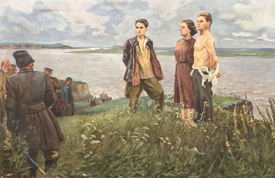 Social realism oil painting Partisans Beseda Petr Nikolayevich: No.1106AAA *** ABOUT THIS PAINTING *** * TITLE: "Partisans" * ARTISTS: Beseda Petr Nikolayevich * SIZE: 85x130 cm/'33.46x51.18 inches' * MEDIUM: oil, canvas * HAND PAINTED: Original painting from our 