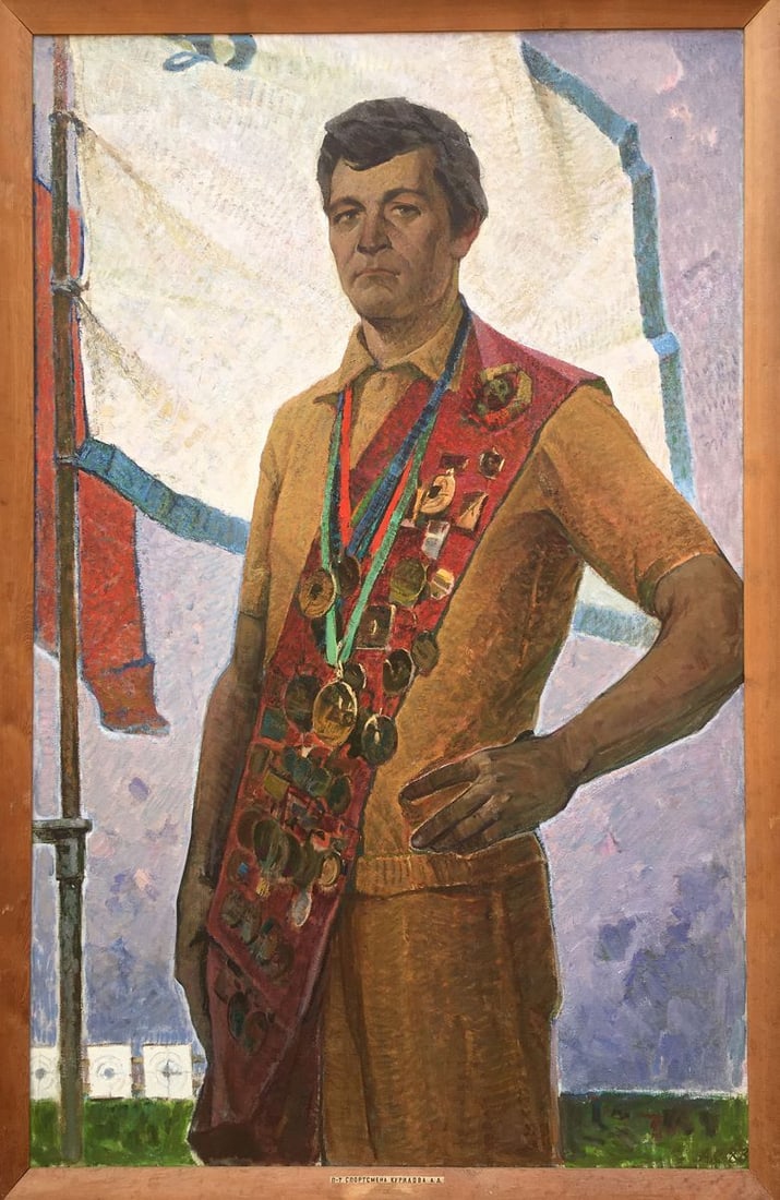 Social realism oil painting Portrait of the USSR Master of Sports Serbutovsky Andrey Andreevich: No.1107AAA *** ABOUT THIS PAINTING *** * TITLE: "Portrait of the USSR Master of Sports" * ARTISTS: Serbutovsky Andrey Andreevich * SIZE: 150x100 cm/'59.05x39.37 inches' * MEDIUM: oil, canvas * HAND PA