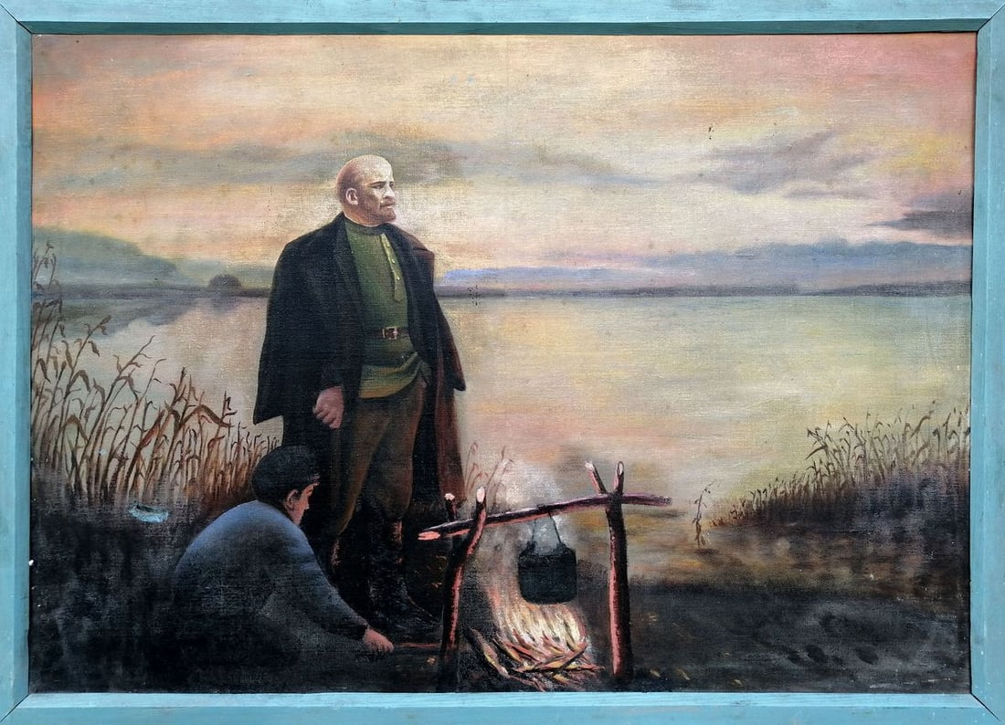 Social realism oil painting Lenin at the shore Unknown artist: No.1146 *** ABOUT THIS PAINTING *** * TITLE: "Lenin at the shore" * ARTISTS: Unknown artist * SIZE: 60x90 cm/'23.62x35.43 inches' * MEDIUM: oil, canvas * HAND PAINTED: Original painting from our