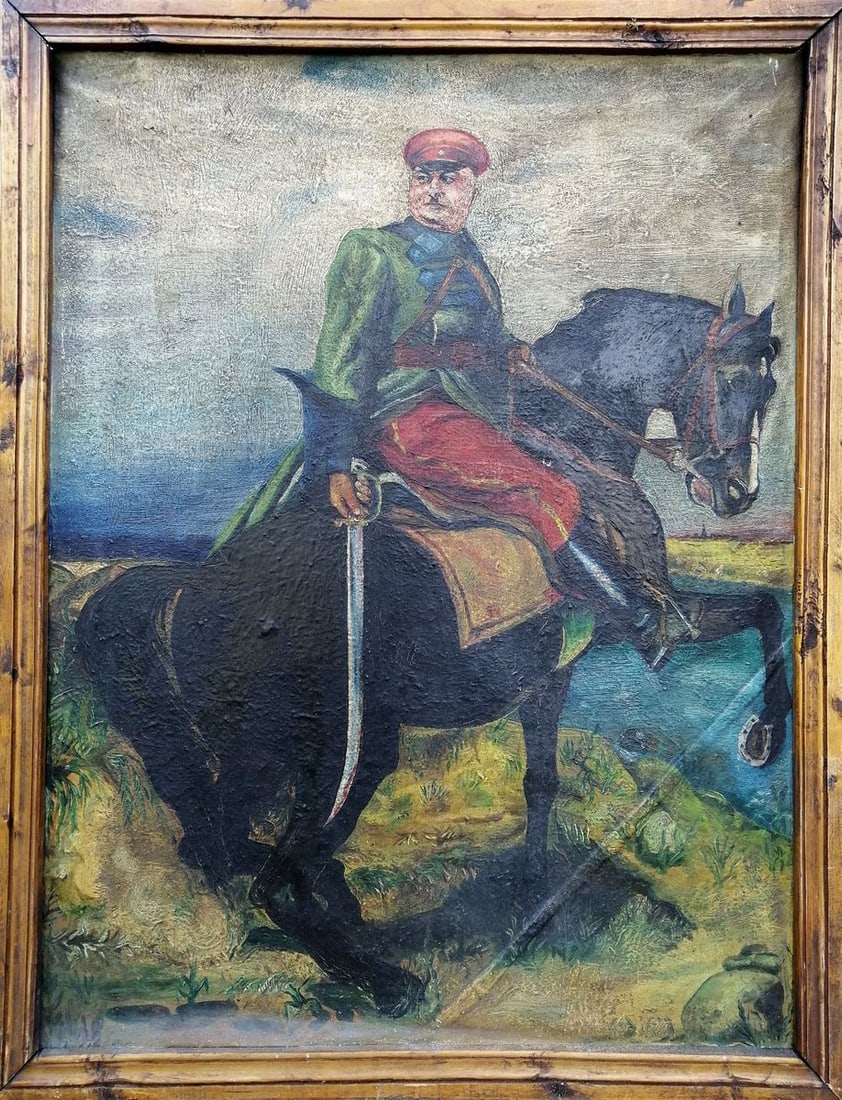 Social realism oil painting Kotovsky on horseback Unknown artist: No.1147 *** ABOUT THIS PAINTING *** * TITLE: "Kotovsky on horseback" * ARTISTS: Unknown artist * SIZE: 86x65 cm/'33.85x25.59 inches' * MEDIUM: oil, canvas * HAND PAINTED: Original painting from our co