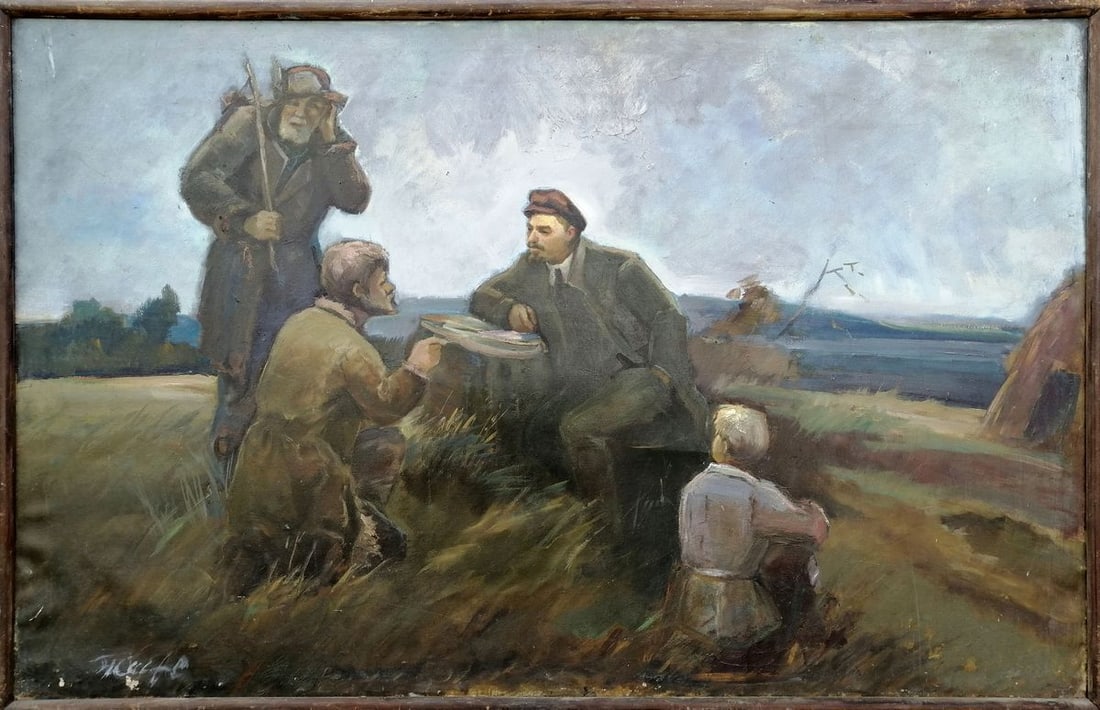 Social realism oil painting Lenin with the peasants Zheleznyy Aleksey Sergeyev: No.1149 *** ABOUT THIS PAINTING *** * TITLE: "Lenin with the peasants" * ARTISTS: Zheleznyy Aleksey Sergeyev * SIZE: 196x80 cm/'77.16x31.49 inches' * MEDIUM: oil, canvas * HAND PAINTED: Original paint