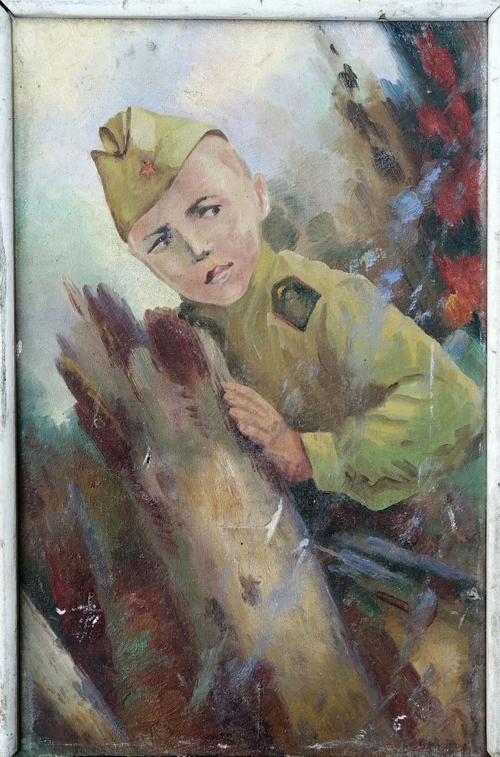 Social realism oil painting Young military Unknown artist: No.1150 *** ABOUT THIS PAINTING *** * TITLE: "Young military" * ARTISTS: Unknown artist * SIZE: 60x40 cm/'23.62x15.74 inches' * MEDIUM: oil, canvas * HAND PAINTED: Original painting from our
