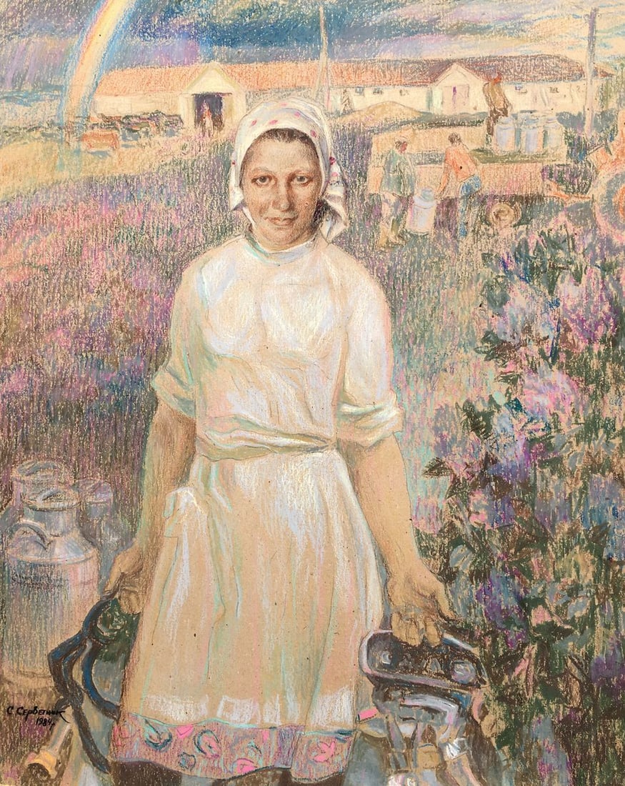 Social realism tempera painting Portrait of a milkmaid Servetnik Stanislav Maryanovich: No.1161AAA *** ABOUT THIS PAINTING *** * TITLE: "Portrait of a milkmaid" * ARTISTS: Servetnik Stanislav Maryanovich * SIZE: 60x56 cm/'23.62x22.04 inches' * MEDIUM: tempera, paper * HAND PAINTED: Origi