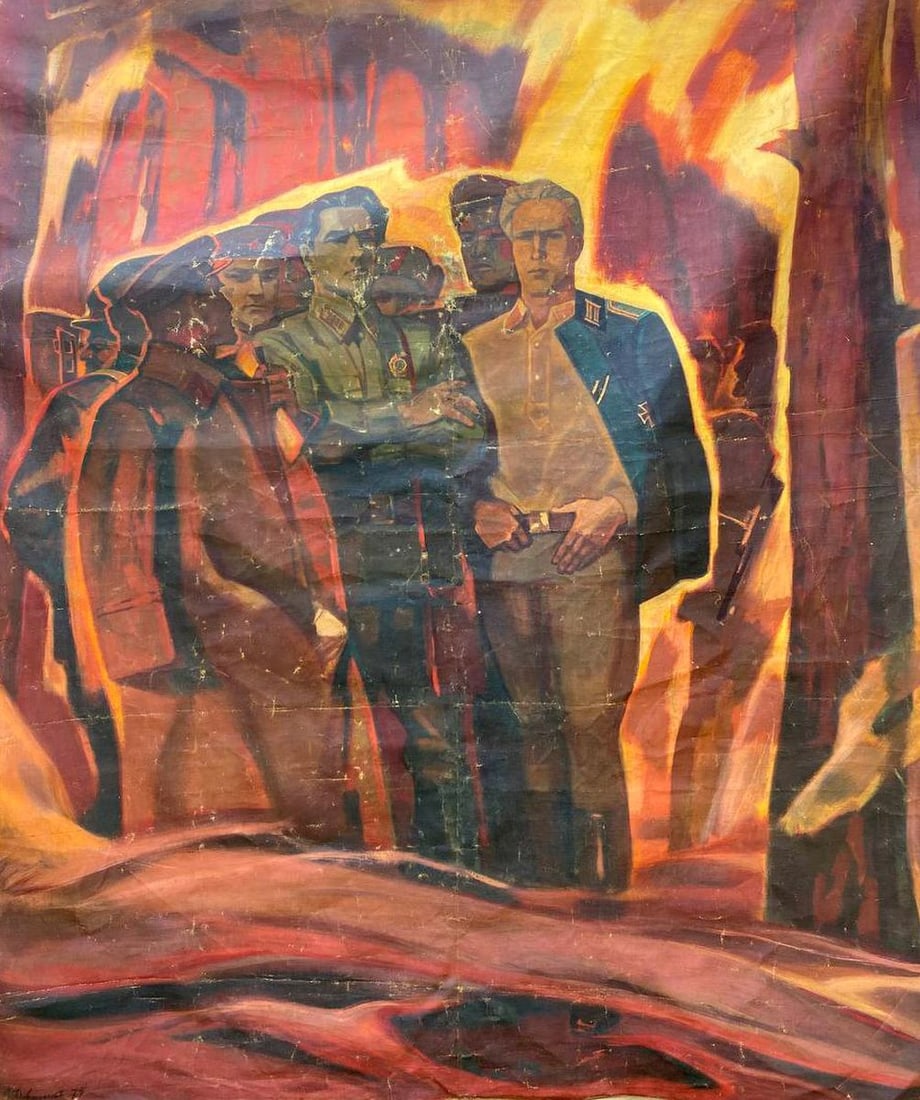 Social realism oil painting Scout Kuznetsov. Strong in spirit Dovzhenko Anatoly Ivanovich: No.1162AAA *** ABOUT THIS PAINTING *** * TITLE: "Scout Kuznetsov. Strong in spirit" - Hero of the Soviet Union * ARTISTS: Dovzhenko Anatoly Ivanovich * SIZE: 231x200 cm/'90.94x78.74 inches' * MEDIUM: 