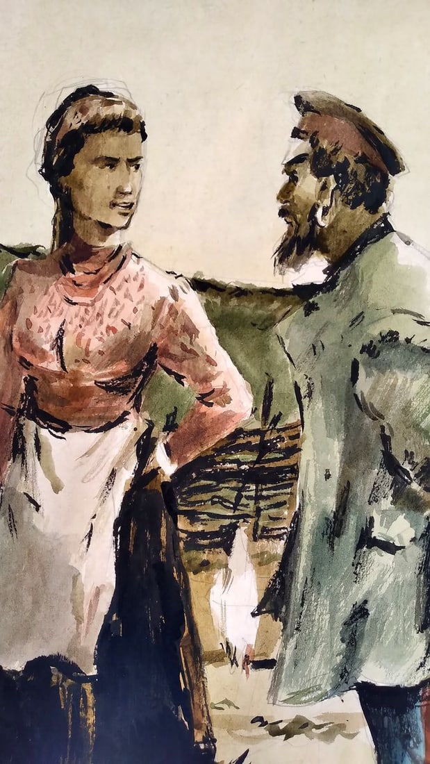 Social realism watercolor painting Officer with a girl Litvinov Oleg Arkad'yevich - 4