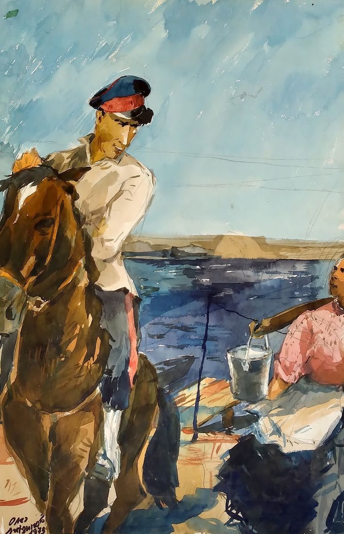 Social realism watercolor painting Soldier and girl Litvinov Oleg Arkad'yevich: No.1177 *** ABOUT THIS PAINTING *** * TITLE: "Soldier and girl" * ARTISTS: Litvinov Oleg Arkad'yevich * SIZE: 29.9x42.5 cm/'11.77x7.67 inches' * MEDIUM: watercolor, gouache, paper * HAND PAINTED: