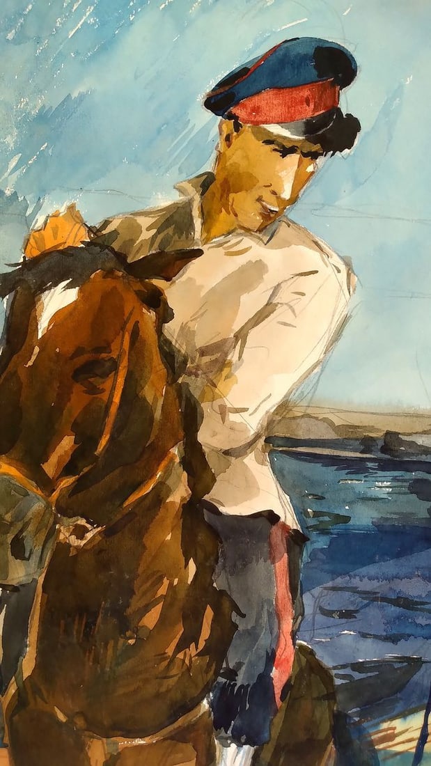 Social realism watercolor painting Soldier and girl Litvinov Oleg Arkad'yevich - 2
