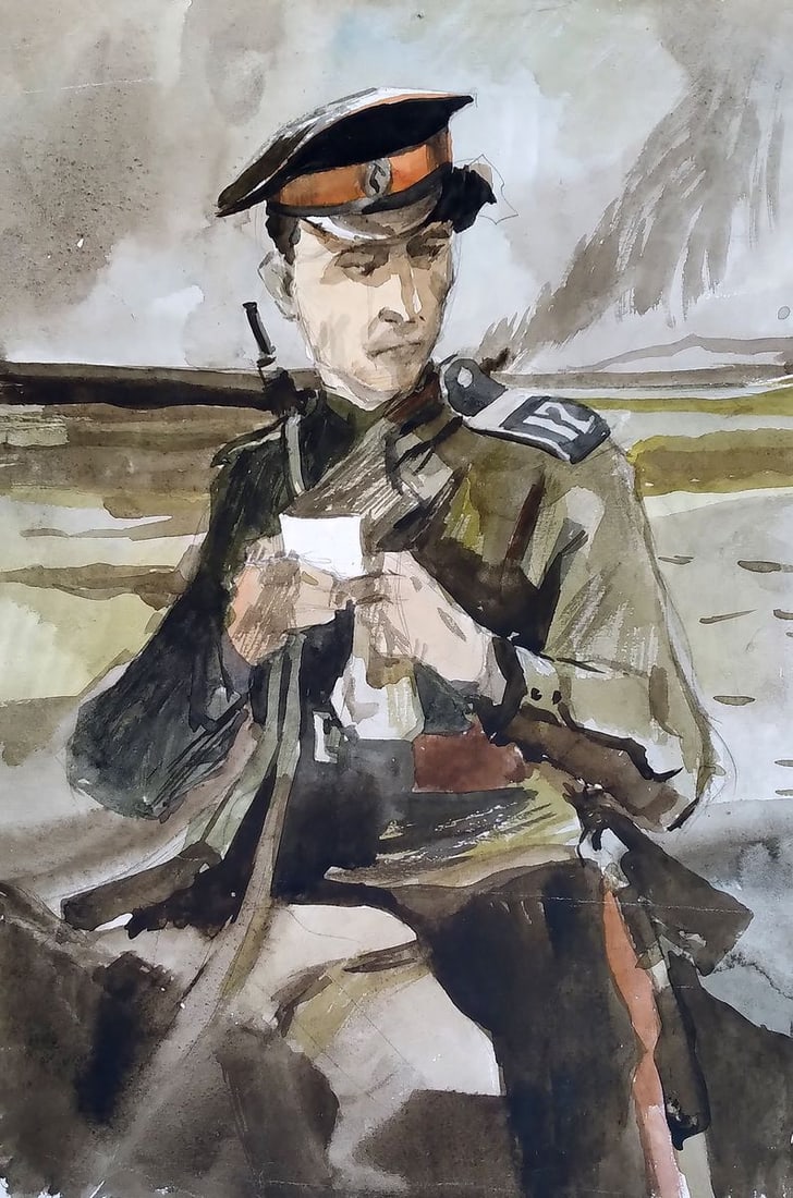 Social realism watercolor painting Soldier on the road Unknown author (1 of 6)