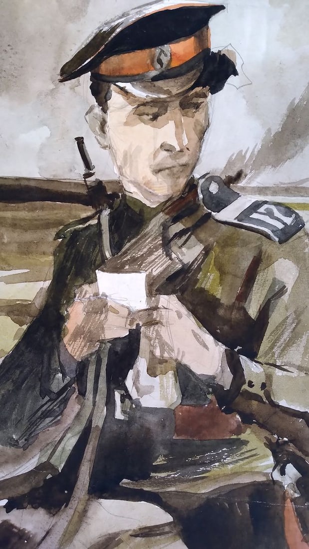Social realism watercolor painting Soldier on the road Unknown author - 2