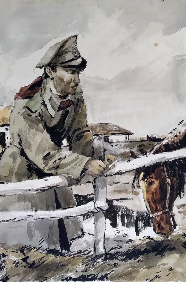Social realism watercolor painting Soldier at home Unknown author: No.1182 *** ABOUT THIS PAINTING *** * TITLE: "Soldier at home" * ARTISTS: Unknown author * SIZE: 29.5x42.2 cm/'11.61x16.61 inches' * MEDIUM: watercolor, gouache, paper * HAND PAINTED: Original