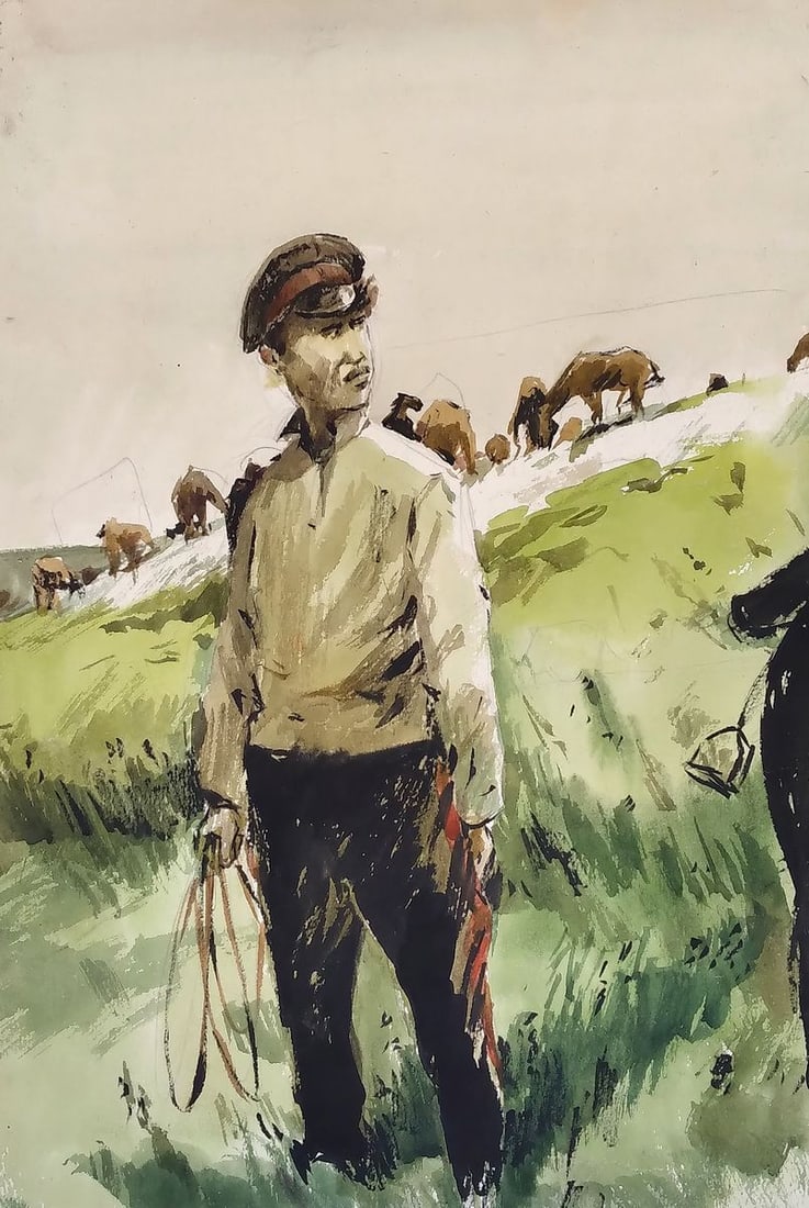 Social realism watercolor painting Soldier in the field Unknown author: No.1183 *** ABOUT THIS PAINTING *** * TITLE: "Soldier in the field" * ARTISTS: Unknown author * SIZE: 29.5x43.2 cm/'11.61x17.00 inches' * MEDIUM: watercolor, gouache, paper * HAND PAINTED: Original pa