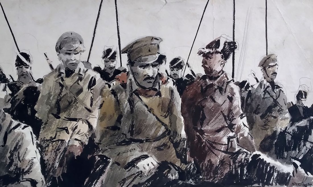 Social realism watercolor painting Soldiers prepare for battle Unknown author: No.1184 *** ABOUT THIS PAINTING *** * TITLE: "Soldiers prepare for battle" * ARTISTS: Unknown author * SIZE: 41.7x29.9 cm/'16.41x11.77 inches' * MEDIUM: watercolor, gouache, paper * HAND PAINTED: