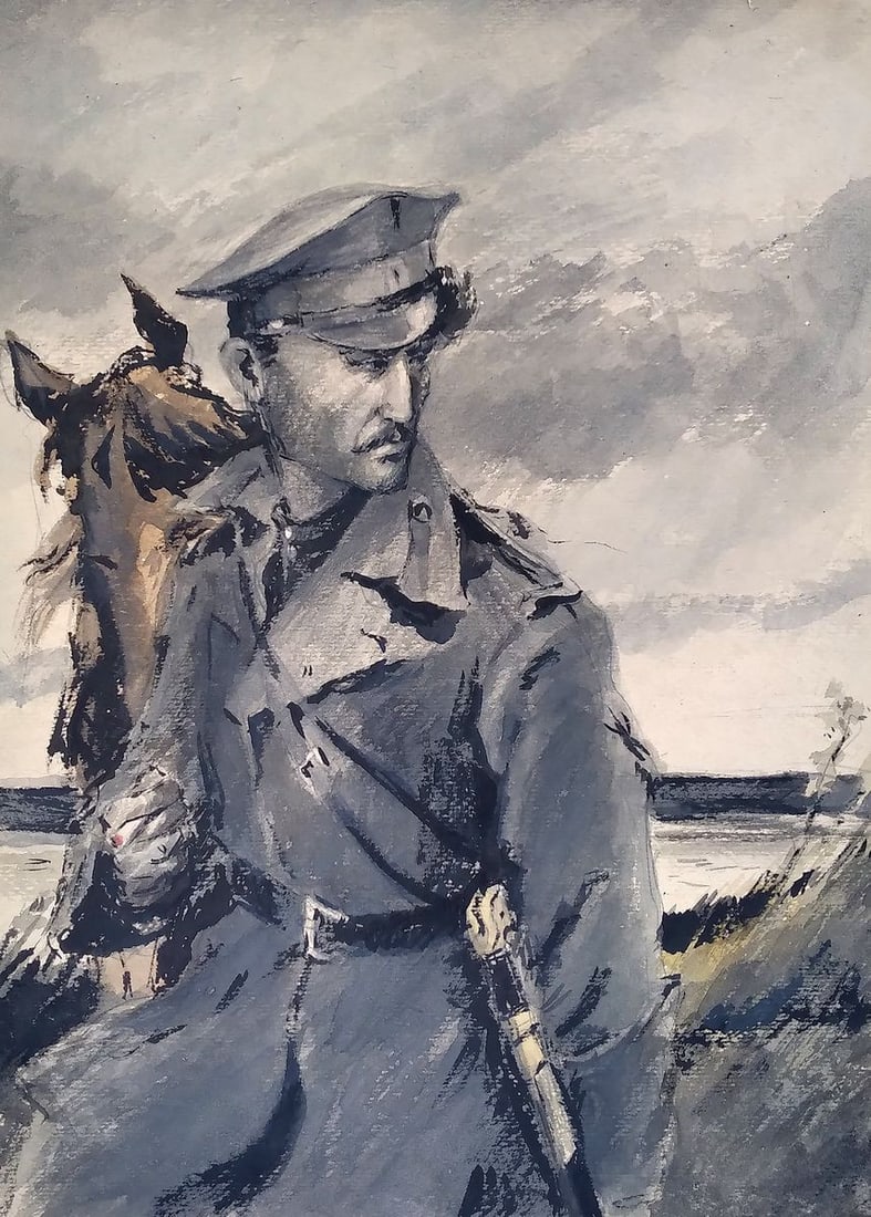 Social realism watercolor painting Looking back Unknown author (1 of 6)