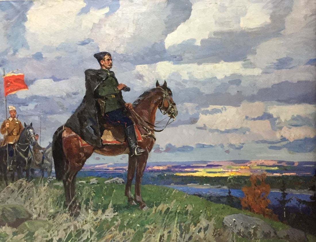 Oil painting Chapaev Khodchenko Lev Pavlovich: No.Vern 245 *** ABOUT THIS PAINTING *** * TITLE: "Chapaev" * ARTISTS: Khodchenko Lev Pavlovich * SIZE: 120x160 cm/'47.24x62.99 inches' * MEDIUM: oil, canvas * HAND PAINTED: Original painting from our 