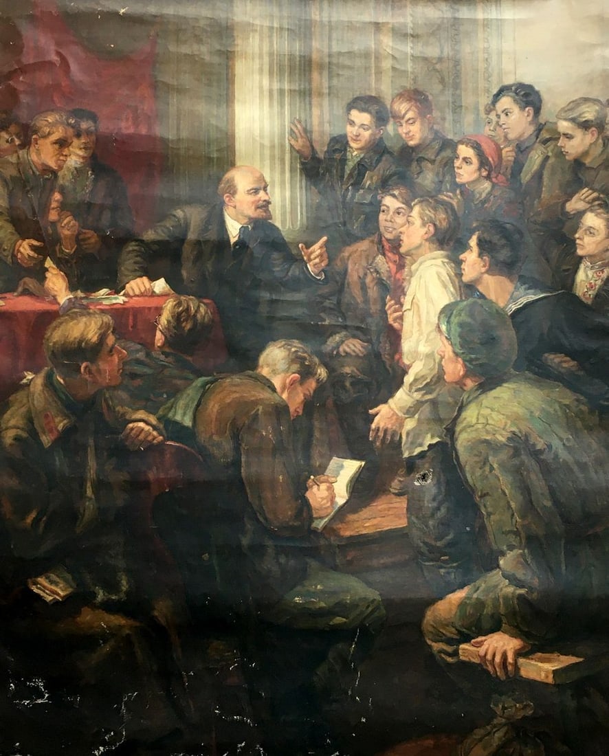 Oil painting Lenin among delegates of the 3rd Congress of Komsomol Terentyev Vladimir Vasilievich: No.AAA2669 In this oil painting, the viewer is transported to a momentous meeting where Vladimir Lenin, the iconic leader of the Russian Revolution, is engaging in a conversation with a group of indiv