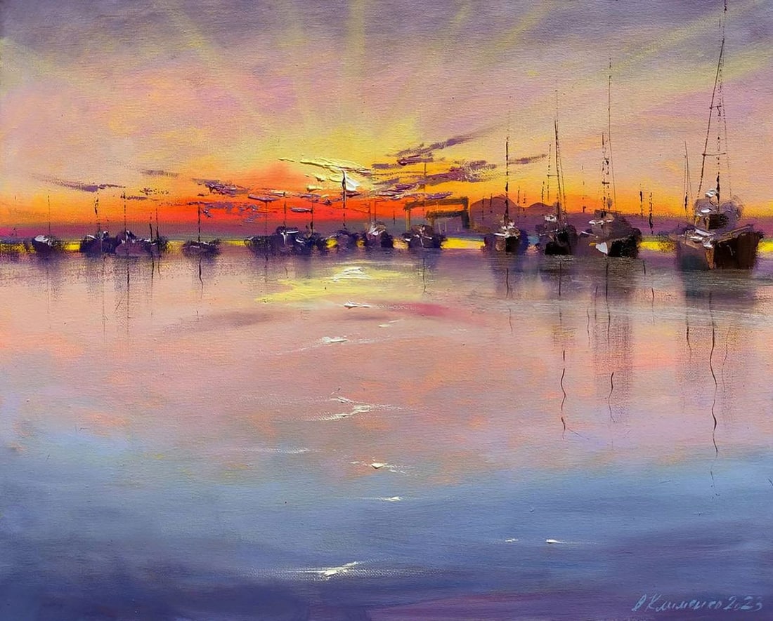 Oil painting Sunset at the Pier Olena Klimenko: No. Klim 34*** ABOUT THIS PAINTING **** TITLE: "Sunset at the Pier"* ARTISTS: Olena Klimenko* SIZE: 40x50 cm/'15.74x19.68 inches' * MEDIUM: oil, canvas* HAND PAINTED: Original painting from our collec