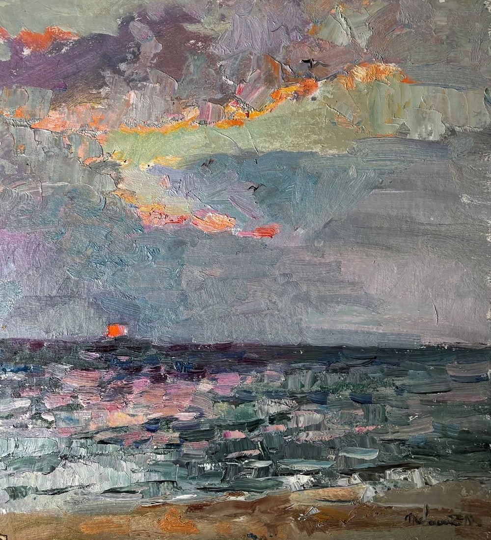 Oil painting Sunset Over the Sea Ivan Kovalenko: No. Koval 251*** ABOUT THIS PAINTING **** TITLE: "Sunset Over the Sea" * ARTISTS: Ivan Kovalenko* SIZE: 45x40 cm/'17.71x15.74 inches' * MEDIUM: oil, cardboard* HAND PAINTED: Original painting from our