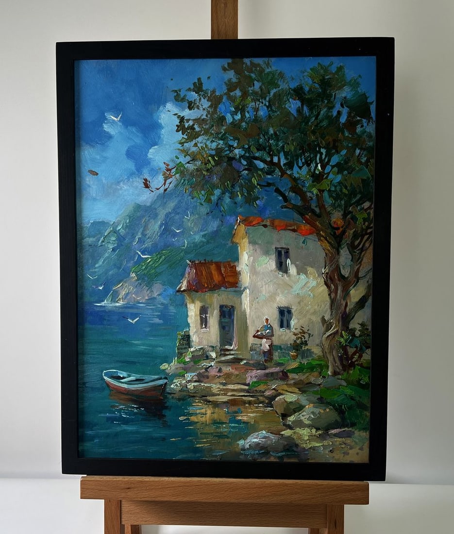 Oil painting House by the sea Yuriy Suprunchuk: No. AAA5757The Oil painting Cardboard titled "House by the sea" beautifully captures the harmony of human life with the vastness of nature, presenting a tranquil scene where architecture, water, and l