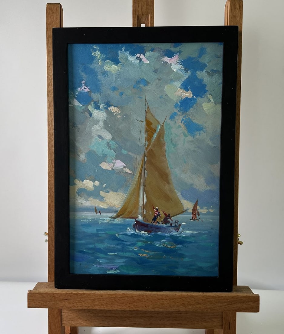 Oil painting The vastness of the seas Yuriy Suprunchuk: No. AAA5770The Oil painting Cardboard titled "The vastness of the seas" captures the timeless romance, power, and serenity of human presence within the immensity of nature’s waters. At the heart of 