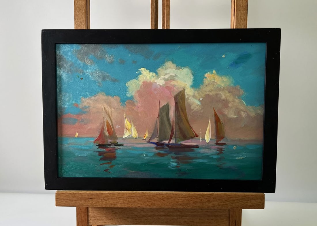 Oil painting Sunset at sea with ships Yuriy Suprunchuk: No. AAA5771The Oil painting Cardboard titled "Sunset at sea with ships" conveys a breathtaking vision of maritime beauty, where human craft and nature’s majesty meet in perfect harmony. The canvas i