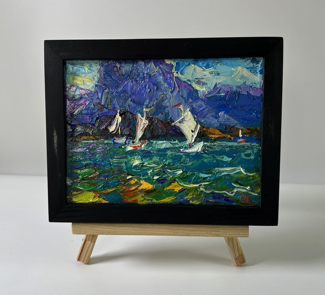 Oil painting Boats on the shore Oleksiy Ivanyuk: No. AAA5858The Oil painting Canvas titled "Boats on the shore" captures the restless energy of water and sky, the harmony between human presence and the raw power of nature, all expressed through bold
