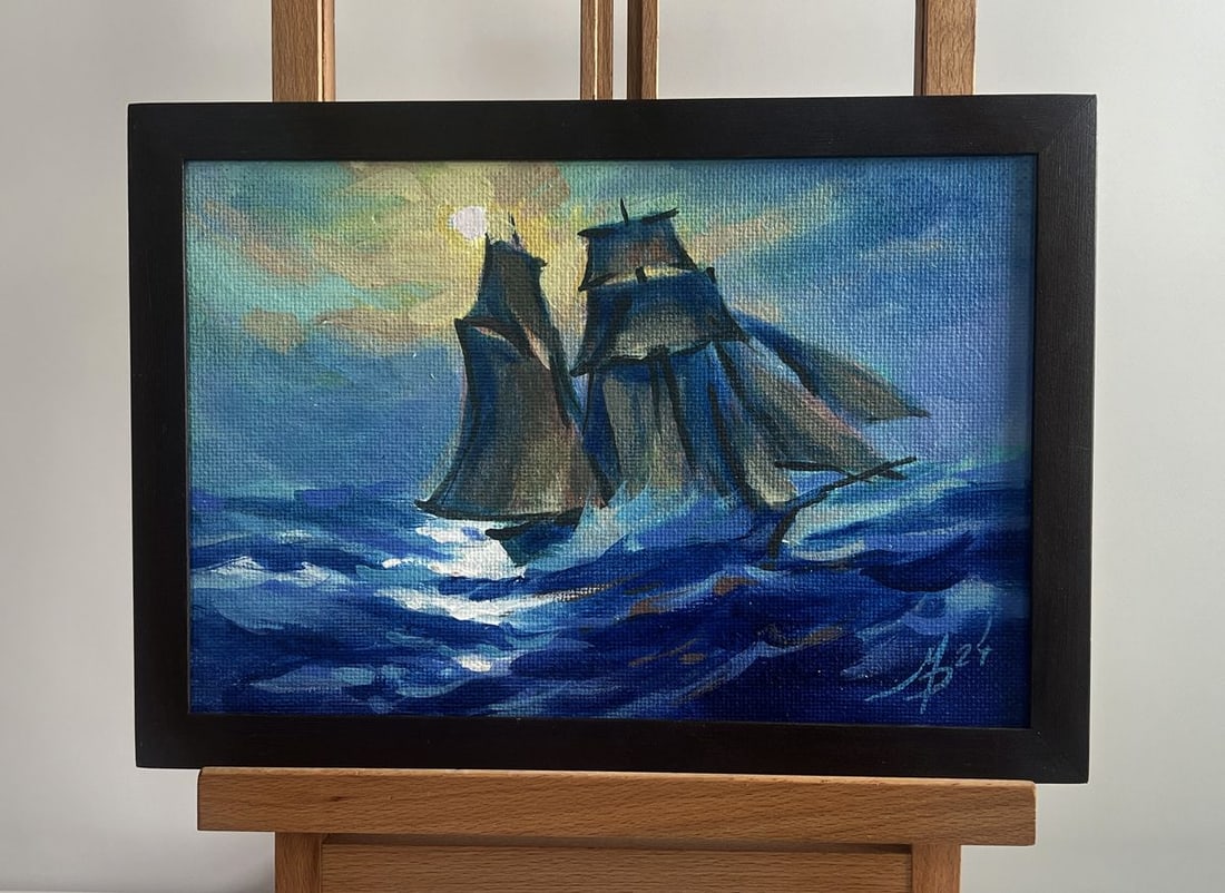 Acrylic painting A ship on the sea waves Mykhailo Patskan: No. AAA4799The acrylic painting on cardboard titled "A Ship on the Sea Waves" captures a dramatic maritime scene where a grand sailing vessel navigates the restless ocean under the moon's glow. The ar