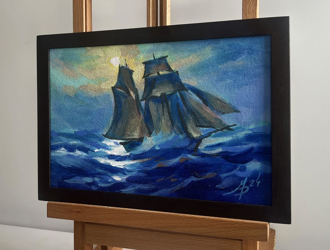 Acrylic painting A ship on the sea waves Mykhailo Patskan - 2