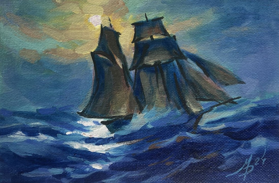 Acrylic painting A ship on the sea waves Mykhailo Patskan - 3