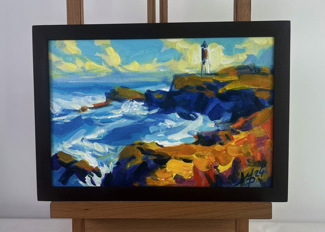 Acrylic painting Lighthouse on a rocky seashore Mykhailo Patskan: No. AAA4804The acrylic painting on cardboard titled "Lighthouse on a Rocky Seashore" captures the powerful beauty of the ocean as it crashes against jagged cliffs, while a solitary lighthouse stands t