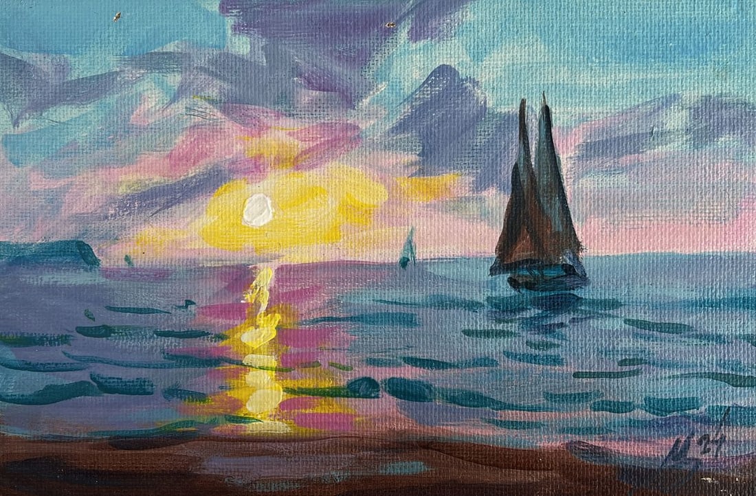 Acrylic painting Sea sunset on ships Mykhailo Patskan - 3
