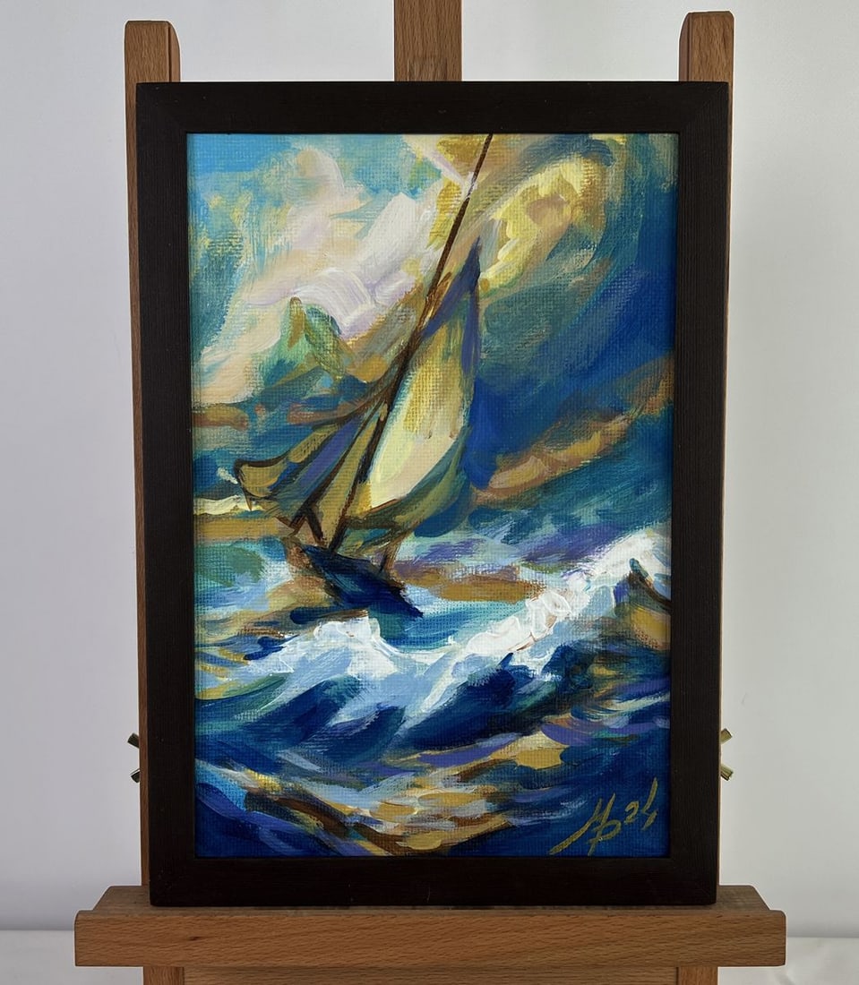 Acrylic painting Sailboat in a stormy sea Mykhailo Patskan: No. AAA4814The acrylic painting on cardboard titled "Sailboat in a Stormy Sea" captures a dramatic and intense moment of struggle and perseverance against nature’s relentless forces. The painting co