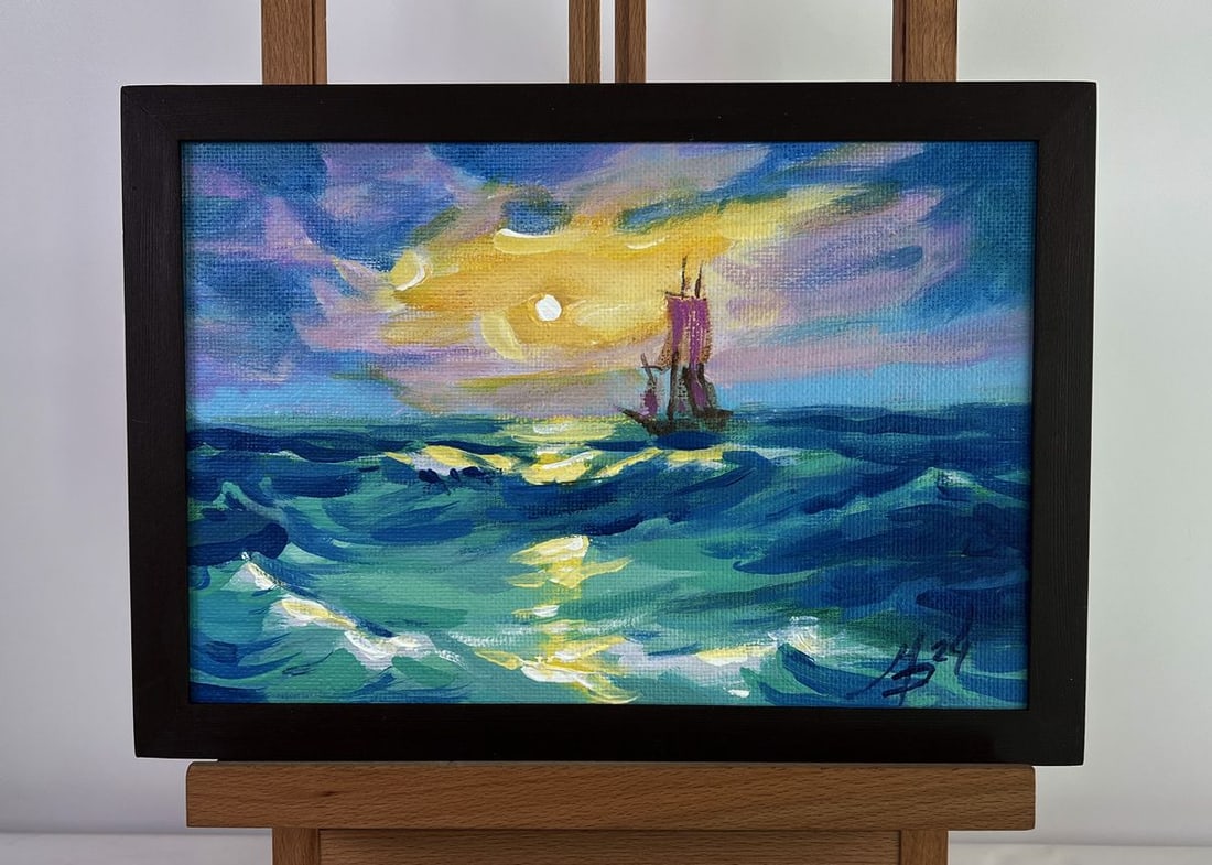Acrylic painting Admire the sunset at sea Mykhailo Patskan: No. AAA4817The acrylic painting on cardboard titled "Admire the Sunset at Sea" beautifully captures the breathtaking moment when the golden light of the setting sun bathes the ocean in a warm glow. Th