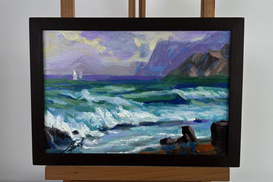 Acrylic painting Evening breeze over the sea Mykhailo Patskan: No. AAA4824The acrylic painting on cardboard titled "Evening Breeze Over the Sea" beautifully captures the untamed energy of the ocean as twilight sets in. With expressive brushstrokes and a rich colo