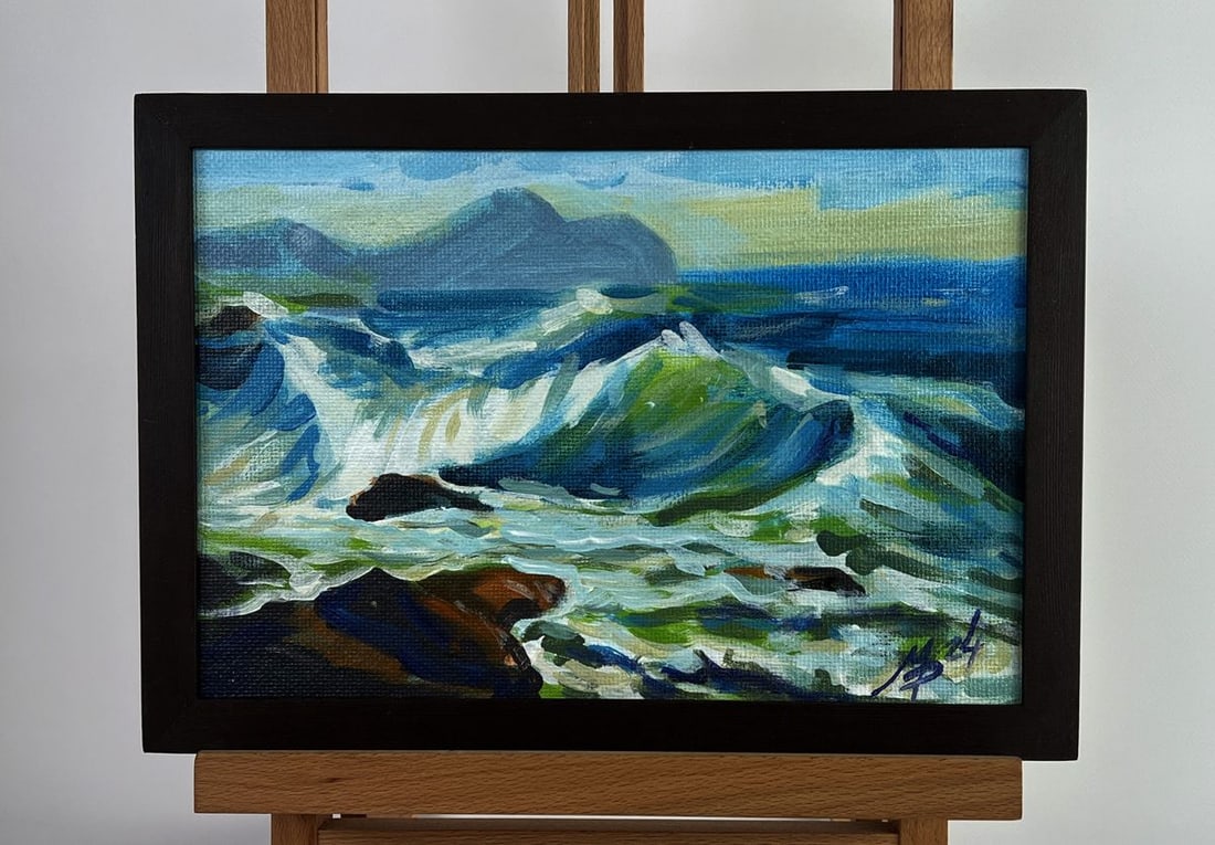 Acrylic painting Dance of the Waves Mykhailo Patskan: No. AAA4828The acrylic painting on cardboard titled "Dance of the Waves" captures the untamed beauty of the ocean in motion. Through expressive brushstrokes and a rich interplay of colors, the artist 