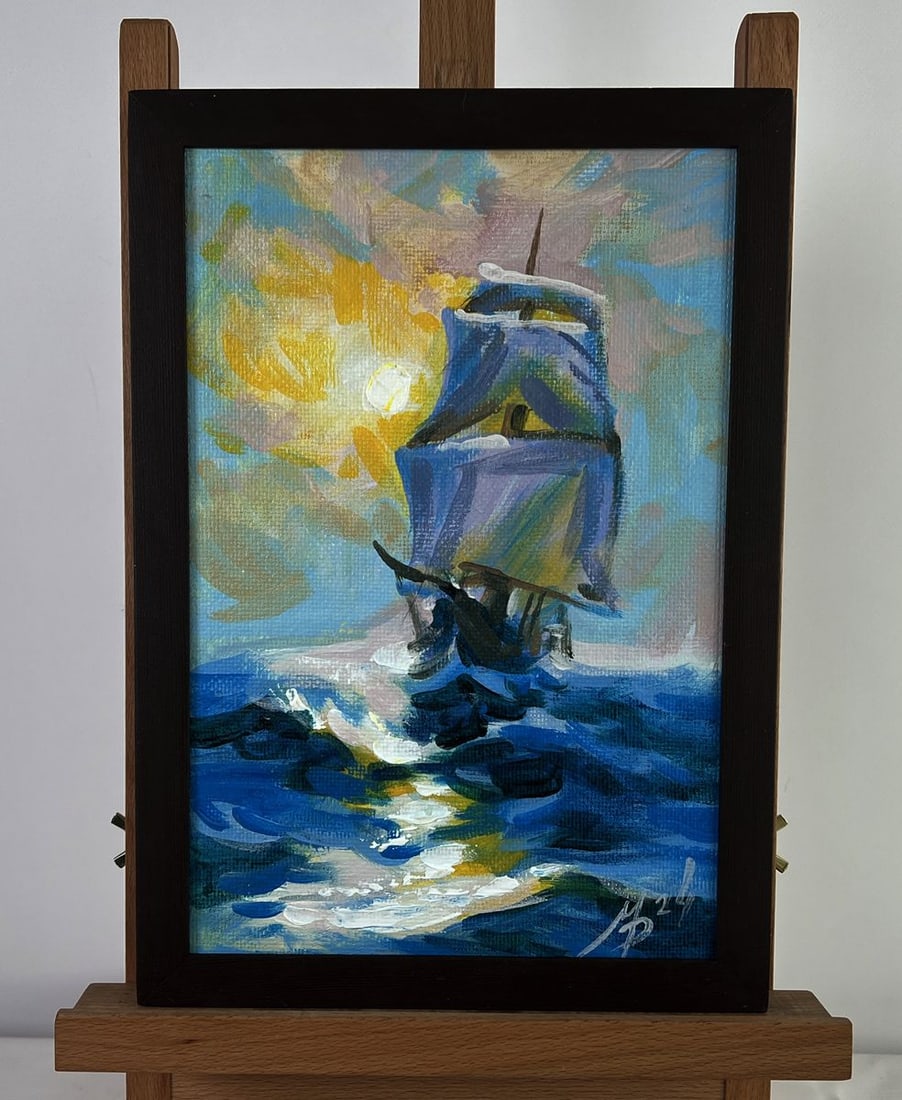 Acrylic painting Sunset Journey Mykhailo Patskan: No. AAA4831The acrylic painting on cardboard titled "Sunset Journey" captures the essence of adventure and tranquility as a majestic sailing ship glides across the open sea. The composition is rich wi